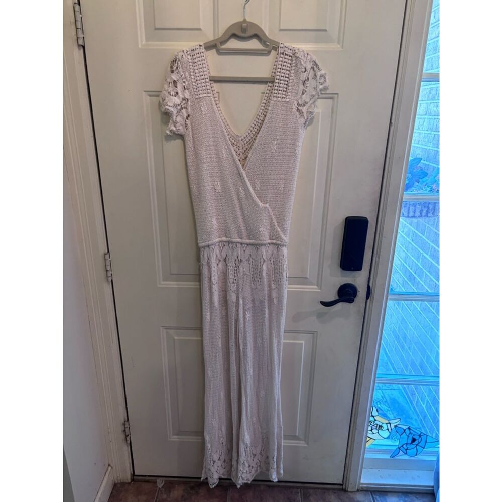 Jen's Pirate Booty Boho Chic White Crochet Wrap Jumpsuit perfect for a festival - Picture 3 of 5